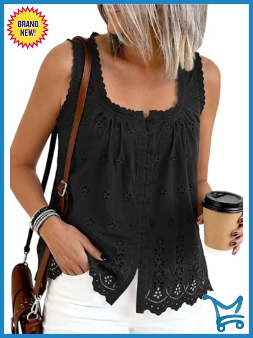 PRETTYGARDEN Lace Eyelet Embroidered Tank Top Button Down Blouse